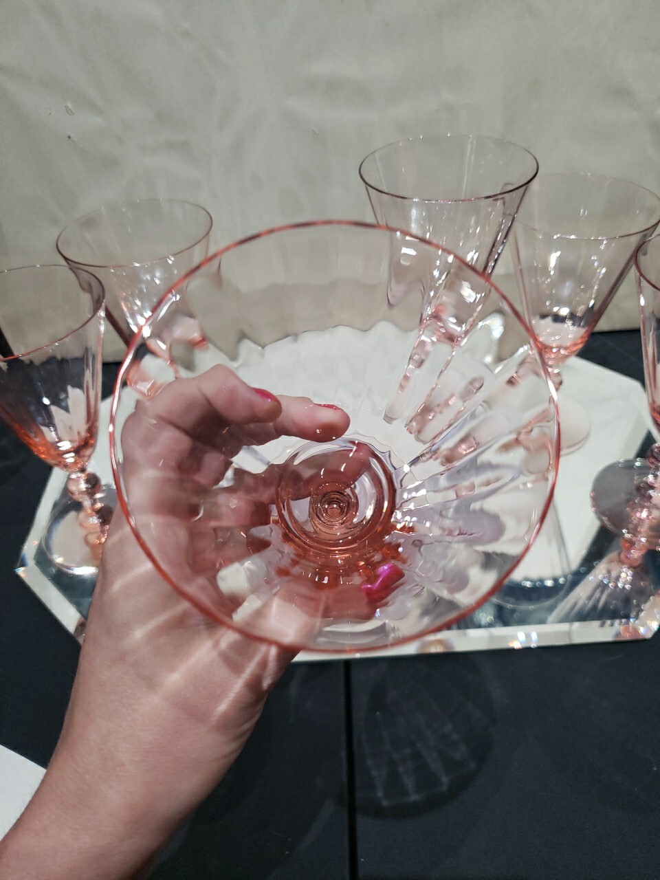 (6) Water Goblets glasses 6-5/8",  Fry co. Fry17-6 Pink Optic wafer stem 17