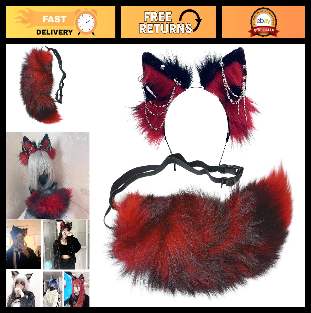 Wolf Fox Ears & Tail Set for Cosplay - Headbands Clips Costume Accessories