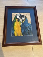 Hand Painted Blue and Gold Macaw Pair (2002 Painting) Framed 19x23 Inches