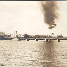 c1900s Waverly, IA Factory District Industrial RPPC Rail Bridge Smokestack Photo