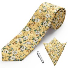 Cotton Floral Tie for Men 2.5" Printed Skinny Necktie Pocket Yellow Floral