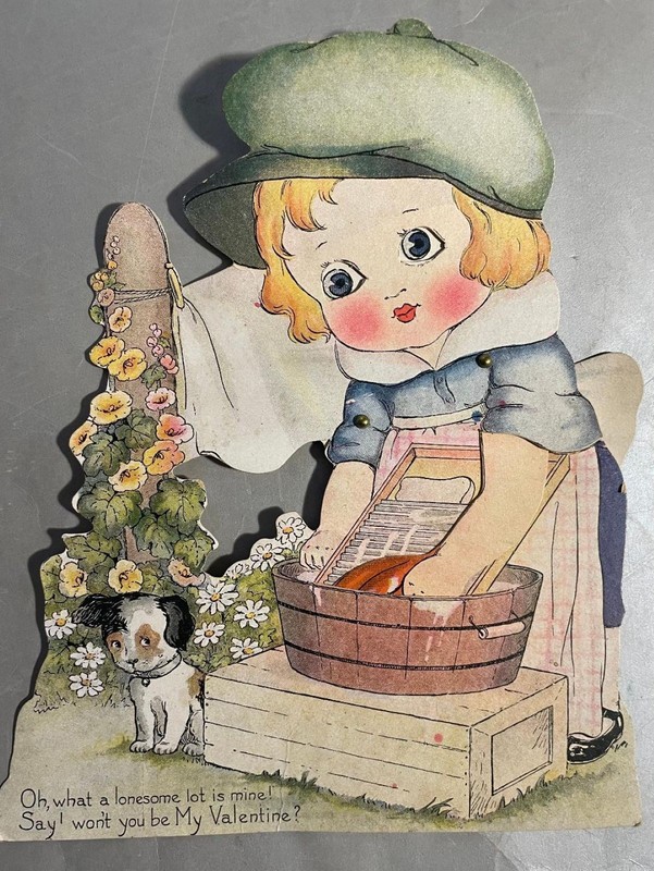 Antique  Mechanical Valentine Die Cut Card Child Washing Clothes Little Dog