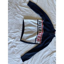 Tommy Hilfiger Boys Navy Blue White Red Quarter Zip Logo Sweater Size 6