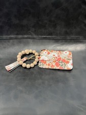Orange Floral ID Wallet Keychain Wristlet with Tassel Bead Bracelet Style Boho