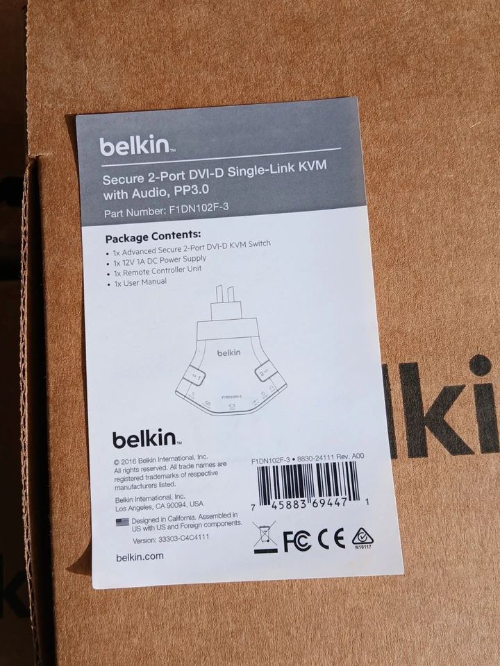 (5) Belkin F1DN102F-3 - 2-Port DVI-D Single Link KVM w/ Audio PP3.0 (Open Box) - Image 2 of 4
