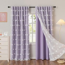 Lilac Curtains for Girls Bedroom Nursery Curtain with White Pom Pom Sheer Liv...