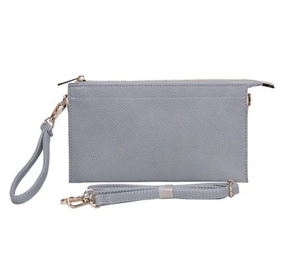 Lt Grey  Pebbled Leathet Clutch Gold Hardware Detachable Strap Wrist Strap Women