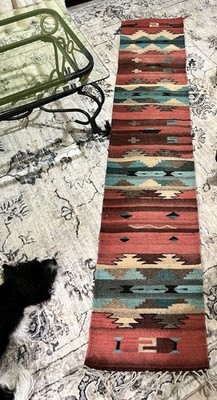 Southwestern Wool Runner Rug Extra Long 77'' x 15'' Handmade Fringe Kilim