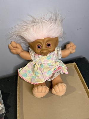 Vintage 1991 Treasure Trolls Ace Novelty Large Doll Pink Hair Heart Gem Dress