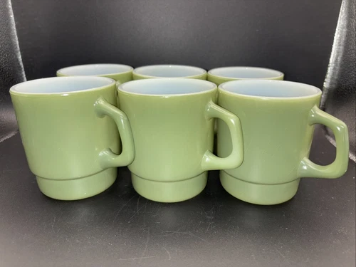 Set of 6 Vintage Green Fire King Anchor Hocking Mug Stacking Coffee Cups