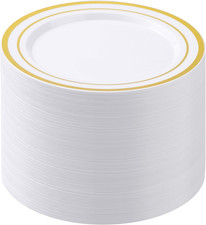 100PCS White Plastic Plates for Party, 10.25 Inch Disposable Plates with Gold Ri