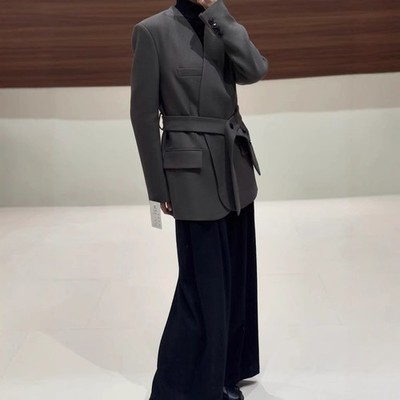 Korean Womens Wool Suit Without Collar Belt Casual Mid Long Warm Autumn Jackets