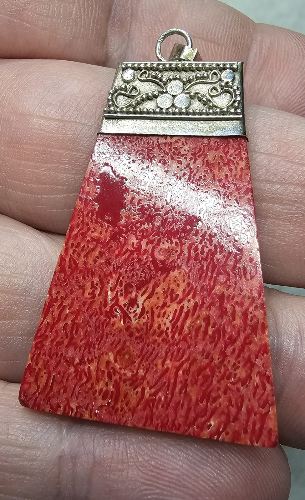 Natural Red Sponge Coral Sterling Silver Pendant & Snake Chain Necklace 18” .925