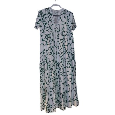 fashion style womens maxi dress green & white print v-neck short sleeve size S