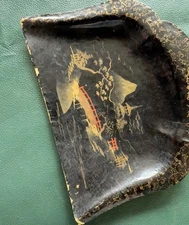 Vintage Japanese Carved Wooden Painted Table Crumb Catcher Silent Butler