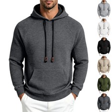 Men's Waffle Hoodie Solid Loose Fit Long Sleeve Pullover Hooded Sweatshirt