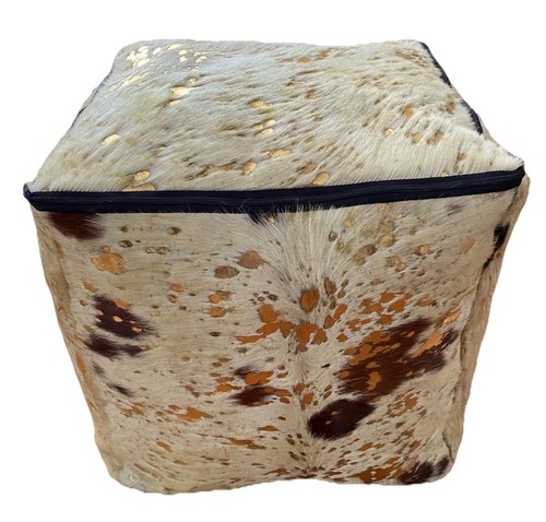 Handmade Patchwork Cowhide Pouf Leather Ottoman Seat Gold 18 x 18 Footstool