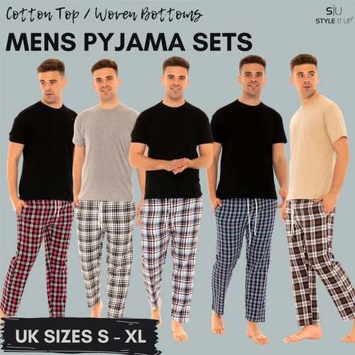 Mens Woven Pyjamas Cotton PJ Set Short Sleeve Crew Lounge Top Soft Check Pants