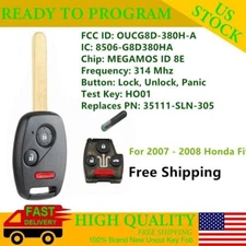 for Honda 2006 2007 2008 2009 Fit Sport Replacement Remote Car Key Fob 8E Chip