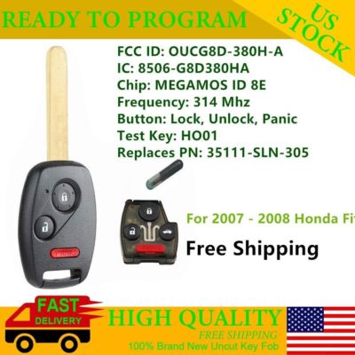 for Honda 2006 2007 2008 2009 Fit Sport Replacement Remote Car Key Fob 8E Chip