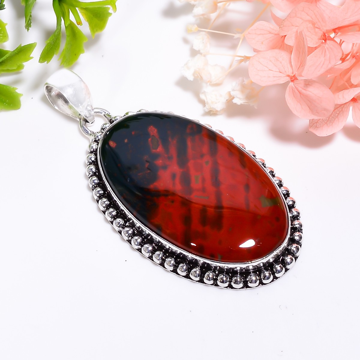 Bloodstone Gemstone Vintage Handmade 925 Silver Plated Pendant 2.6  