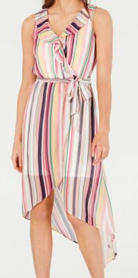 $60 BCX Juniors' Women's Pink Sleeveless Striped Ruffled HI-Low Dress Size M