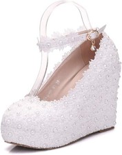 Women's lace wedge high heel wedding ankle strap round toe bridal shoes NEW Sz 5