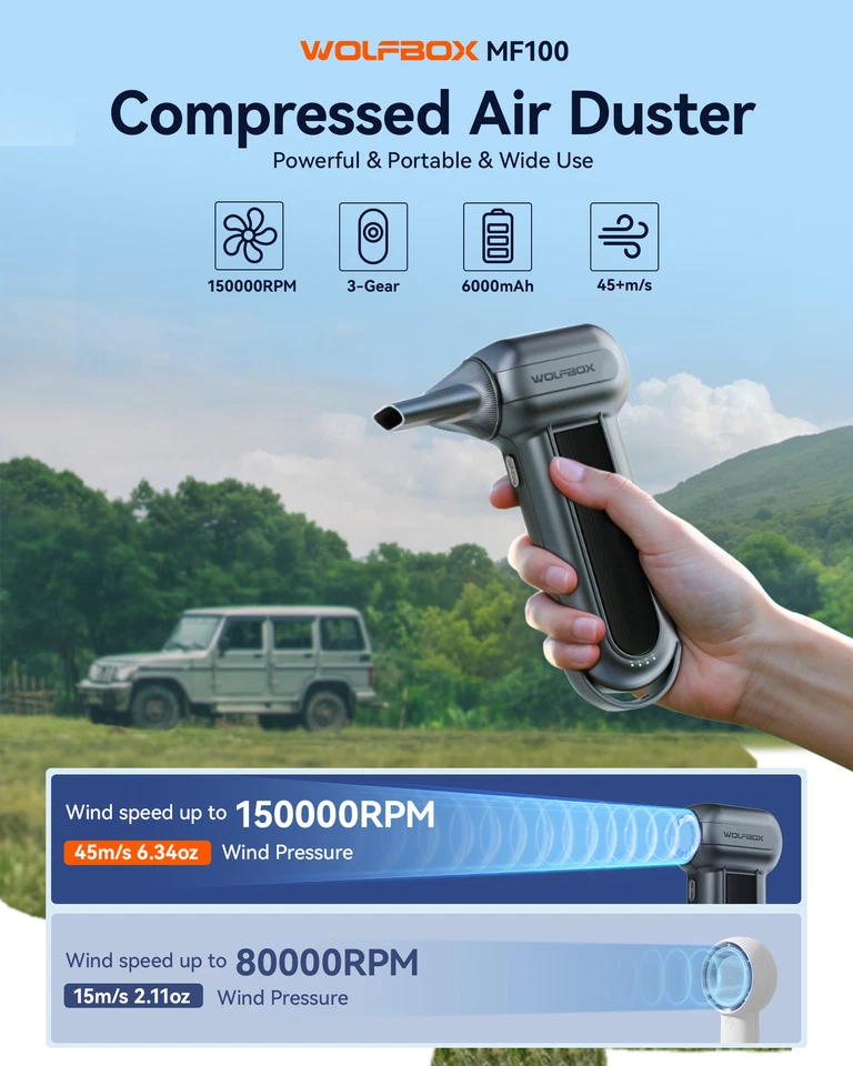 WOLFBOX MF100 Rechargeable Air Duster Cleaner 150000RPM 3-Gear Cordless for PC - Image 2 of 4