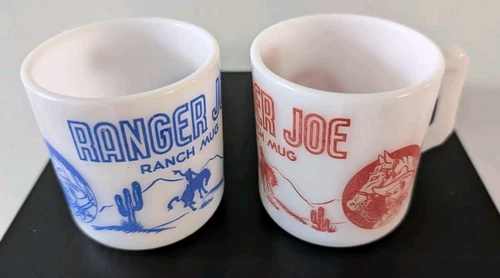 2 VTG Ranger Joe Ranch Mug Hazel Atlas Blue Red Retro Cowboy Children Milk Glass