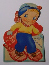 1930s Walking With Snow Shoes Winter Made in USA Antique Valentine's Day Card