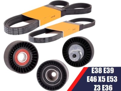 2x V-RIBBED BELT 3x TENSIONER PULLEY SET KIT FOR BMW