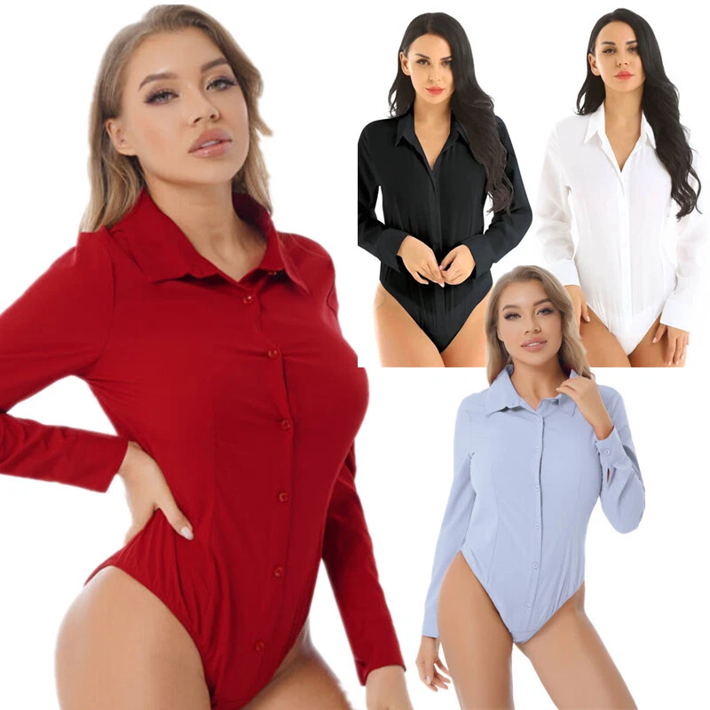 Women Turn-down Collar Bodysuit Shirt Work Blouse Button Down Long Sleeve  Top