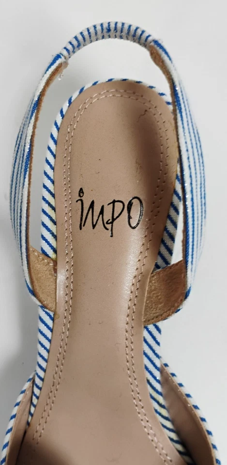 Mujer 7.5M Impo Edana Blanco Azul Brillo Rayas Sandalia Acolchada 2" Tacón Gatito Foto 3 de 4