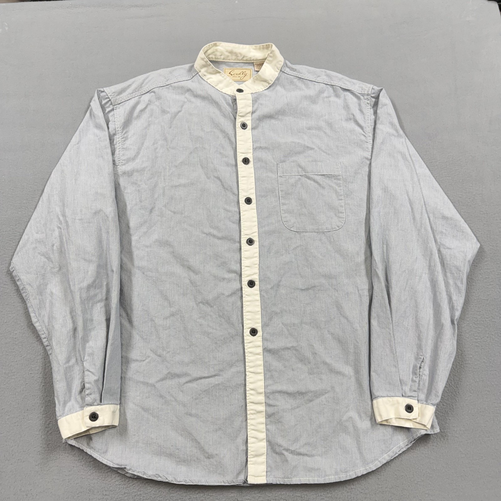 Scully Shirt Mens XL Blue Stripe Band Collar Button Long Sleeve Cotton Casual