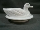 Vintage Westmoreland Milk Glass DUCK ON A WAVY BASE 2pc Covered Dish Blue Eyes