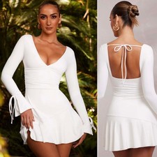 Oh Polly Lilah Long Sleeve Ruched A-Line Mini Dress In White US 6 UK 10 NWT