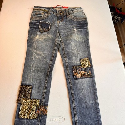Zana Di Jeans Skinny Blue Denim Paisley Boho Patchwork Y2K Size 0
