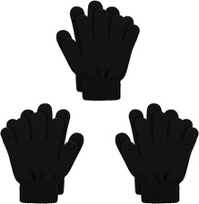 3 Pairs Kids Winter Knit Gloves Warm Black for Boys Girls  Full Finger Design,