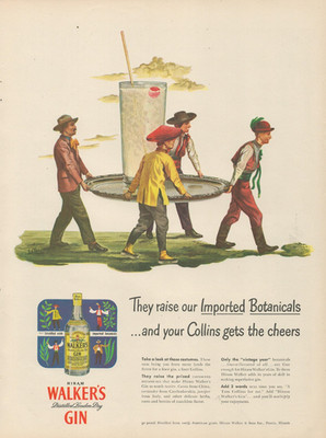 1947 Hiram Walker's Gin Cocktail Collins Raise Our Imported Botanicals Print Ad