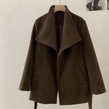 Chic Long Wool Coat for Women with Large Turn-Down Collar Tie Waist Slim Fit Med