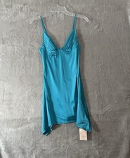 SheinBae Dress Womens Size S Teal Blue Satin Sleeveless Ruched Top  V Neck Mini