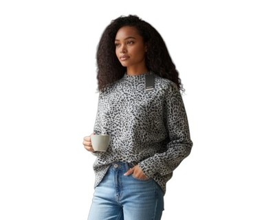 MONROW Women Mini Leopard Mock Neck L/S Sweater~Size M~Black/Gray Cashmere L6 14