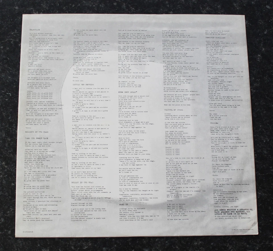 RAGE AGAINST THE MACHINE  1ST EUROPE PRESSING VINYL LP 1992 EPC 472224 1 EX+ - Image 4 of 4