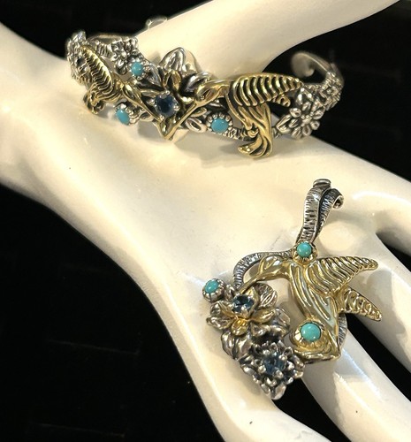 Fritz Casuse Sterling, Brass, Topaz and Turquoise Hummingbird Cuff and Enhancer