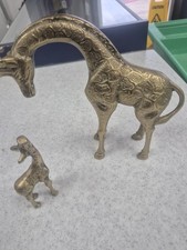 Vintage Brass Large Giraffe Sculpture Figurine With Baby Calf Safari Decor