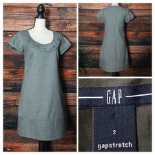 GAP Dress Size 2 Gray Wool Blend Ruffle Neckline Short Sleeve Pockets 2008