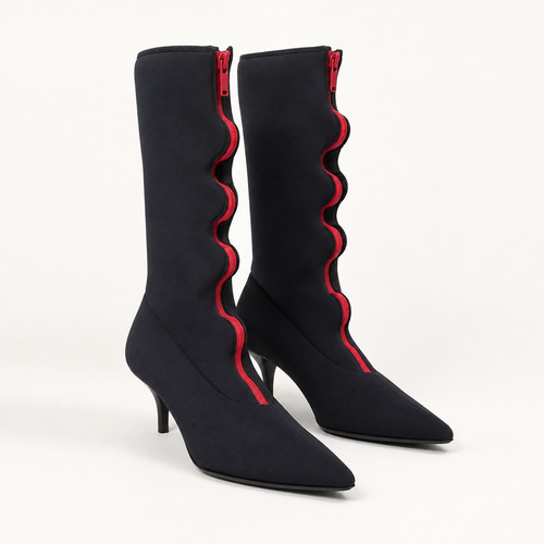 MARNI Scalloped Zip Neoprene Scuba Kitten-Heel Boots (37 EU; 7 US) NIB $1,150