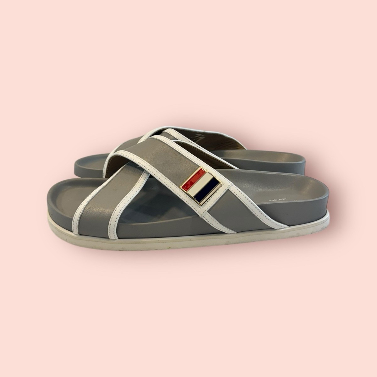 トムブラウンクリスクロス レザーサンダル グレー 39　 メンズ 　24.5 THOM BROWNE Criss Cross Luxury Leather Designer Sandal Slides Gray