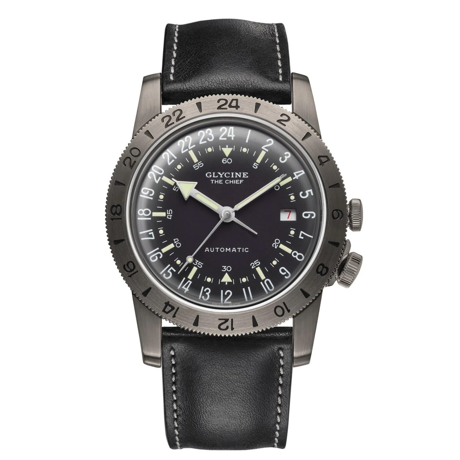 GLYCINE Airman The Chief Gunmetal Purist GL0252 Dual Time Swiss Automatic Watch
