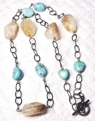 Southwest Native American Turquoise & Quartz Beaded Sterling Silver Necklace 23''